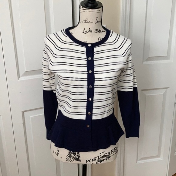 Karen Millen Sweaters - NWT Karen Millen Navy Stripe Peplum Cardigan 8